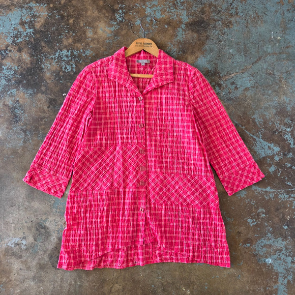Habitat Pink Plaid Tunic Top Size XS Textured Button Up Patchwork 3/4 Sleeve - Picture 1 of 8